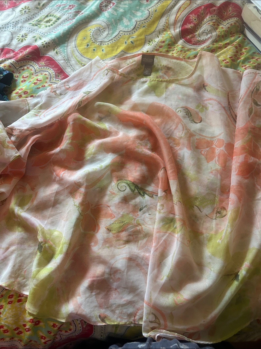 Chico's Sheer Floral Tunic in Peach & Lime